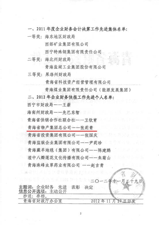 物產(chǎn)集團(tuán)榮獲2011年度財(cái)務(wù)決算先進(jìn)單位、2012年度財(cái)務(wù)快報(bào)工作先進(jìn)個(gè)人表彰